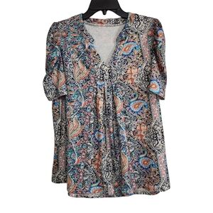 NWT Bashafo Fashion Womens Sz L Tunic Top Blouse Paisley Boho Puff Short Sleeve